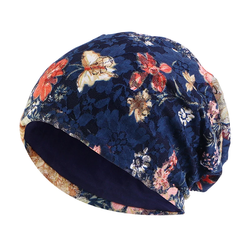 Fashion Printed Lace Head Pullover Hat Breathable Women Ladies Turban Confinement Caps Air Conditioning Cap Flower Beanie