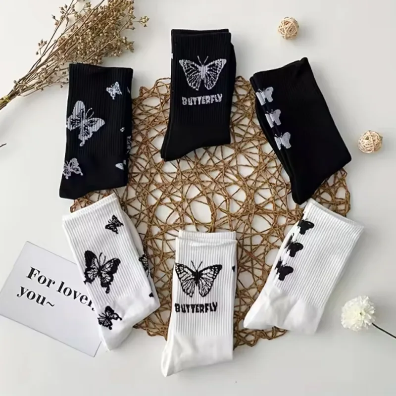 3/5/6 Pairs Women's Mid Length Stockings Set in Black And White With Butterfly Pattern Popular and versatile Sweat Absorption image 5