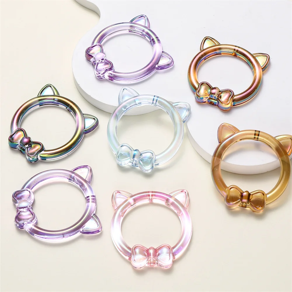 5 Stück/Packung 40mm Harz-Katzenohr-Schleifenperlen mit vertikalem Loch, bunte transparente Ringanhänger für DIY-Halsketten- und Armbandherstellung – Detail 5