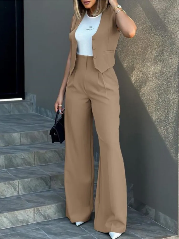 

Women Work Suits Solid Sleeveless Button V Neck Vest Tops High Elastic Pocket Wide Leg 2 Pieces Set Female Office Ladies Outfits