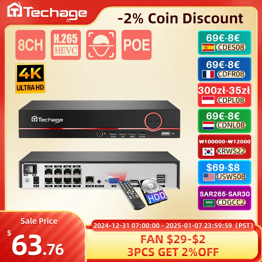 Techage H.265 8CH 4MP 5MP 8MP 1080P 4K POE NVR Двусторонний аудиомониторинг NVR до 16CH для сетевой камеры POE CCTV видео