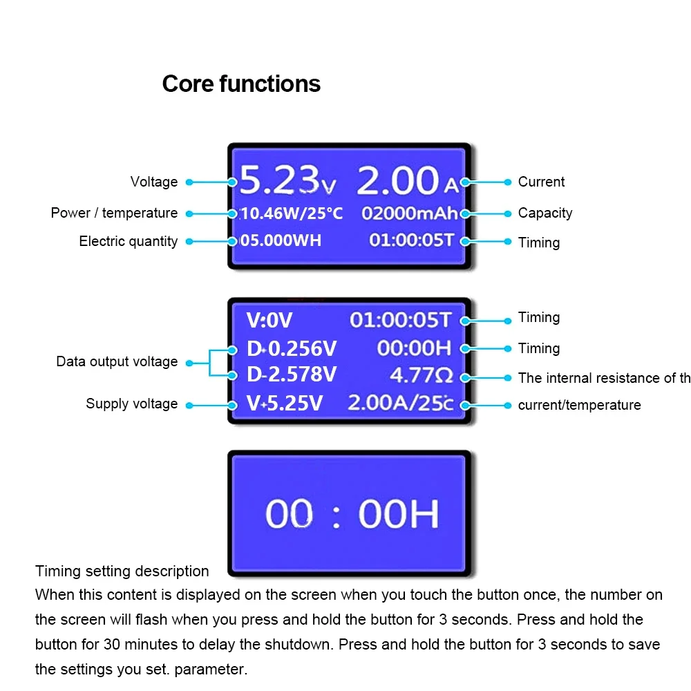 1-10Pcs 8-in-1 QC2.0 USB Tester 4-30V 5A Voltmeter Ammeter Voltage Current Power Capacity Monitor