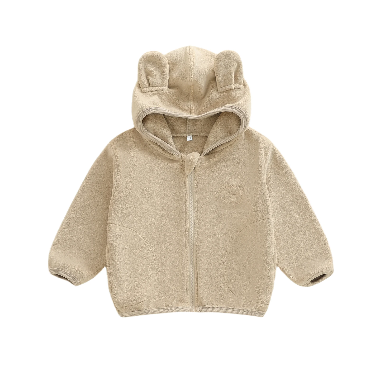 

Плюшевая куртка с капюшоном для девочек и мальчиков, очаровательная однотонная верхняя одежда на молнии с длинными рукавами и медвежьими ушками