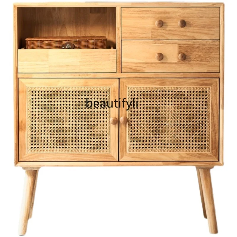 

Living Room Wall Solid Wood Rattan Storage Cabinet Household Double Door with Drawer Ash Sideboard Cabinet