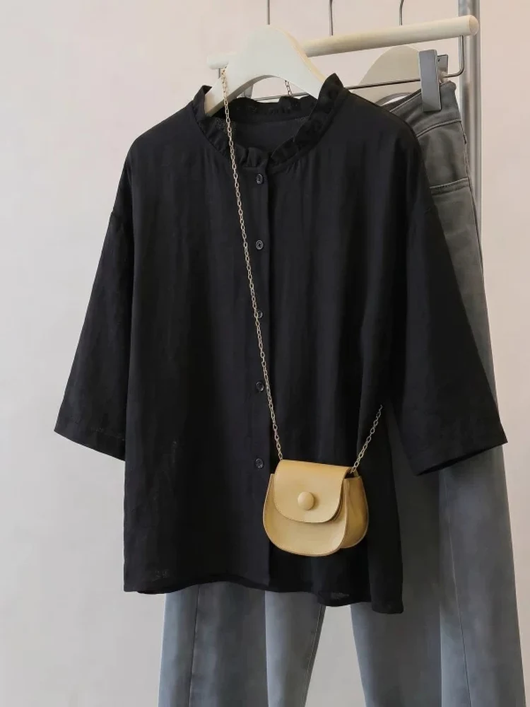 

Elegant Black Thin Shoulder Women's Shirt Wooden Design Summer New Style plus Size Mid-Length Top Korean Style Commute