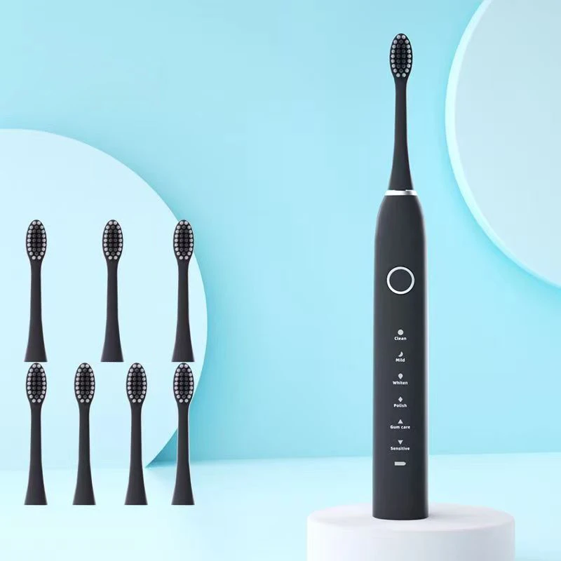 

6-режимная электрическая звуковая зубная щетка, перезаряжаемая от USB для взрослых, ультразвуковая зубная щетка со сменными насадками 4/8, умный таймер IPX7