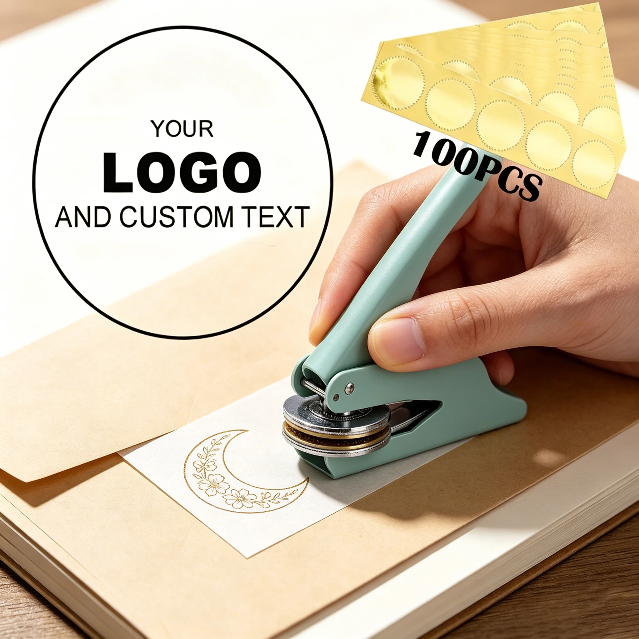 

Book Embosser Stamp with 100pcs Gold Stickers Custom School Book Personalized Embossing Stamp Business Wedding Paper Embosser