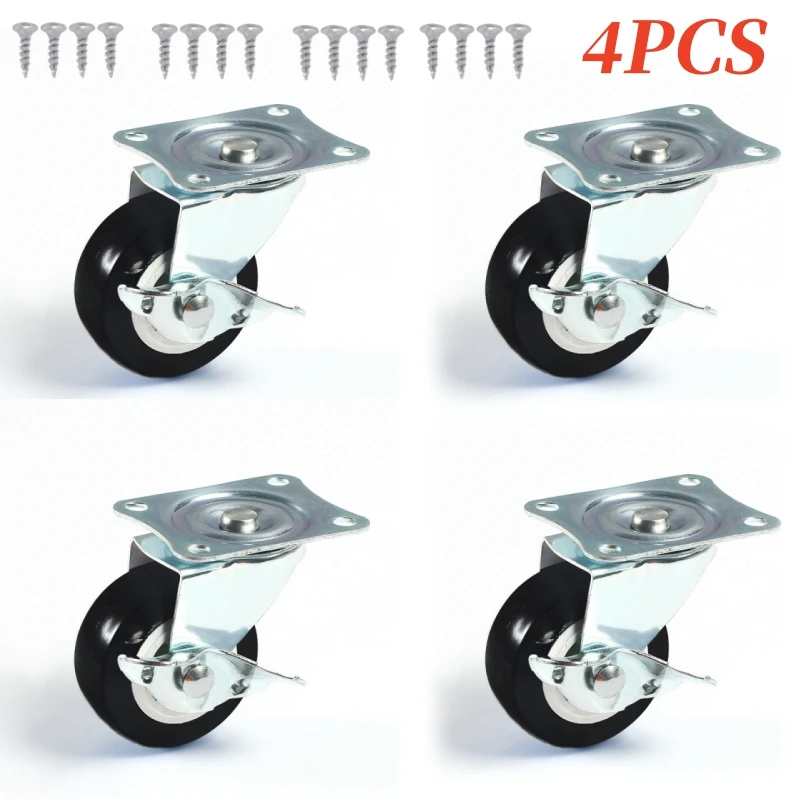 Set Of 4 1-2inch PVC Furniture Casters with Brake Wear Resistant Mute Universal Heavy Trolley Wheels 360 Degrees Swivel Castor