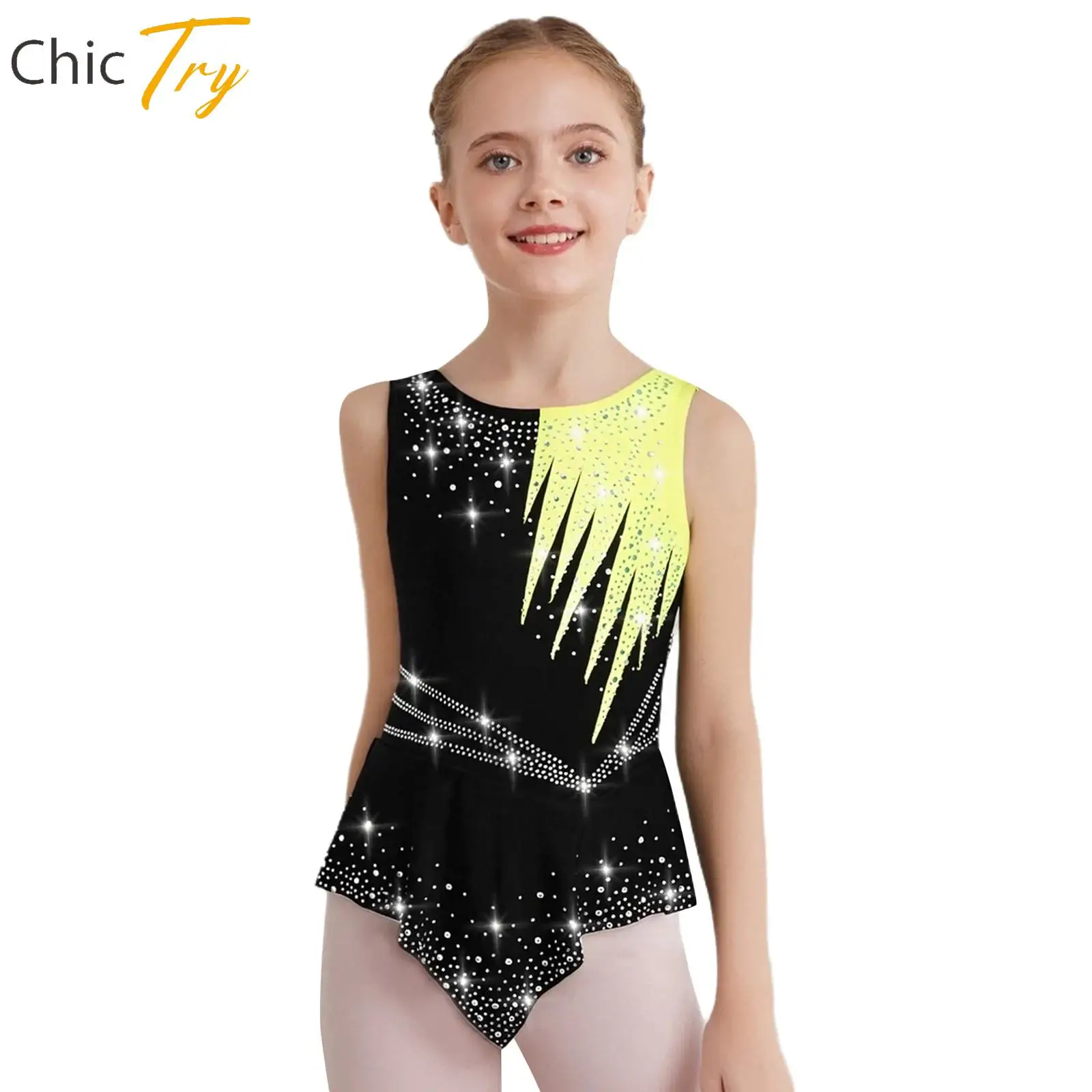 

Girls Ballet Jersey Rhinestones Gymnastics Leotard Sleeveless Tutu Dress Bodysuit Dancewear Figure Ice Skating Performance Wear