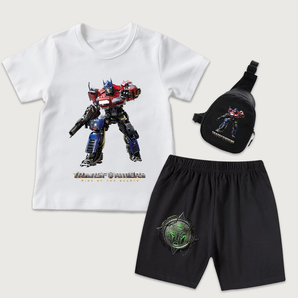 

Детская хлопковая футболка с принтом Transformers Optimus Prime Battle Vanguard, шорты, мини-сумка на грудь, комплект из 3 предметов, летняя одежда для мальчиков и девочек