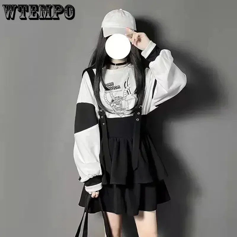 WTEMPO Vintage Women Gothic Punk Lolita Skirts Casual High Waist Black Harajuku Suspender Skirt Girls Y2K Mini Skirts Streetwear