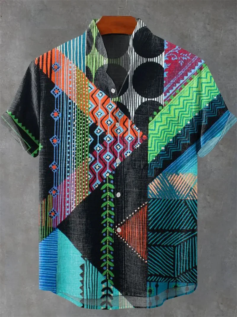 

Мужская льняная рубашка в стиле ретро с топом с короткими рукавами и принтом в этническом стиле, модная повседневная мужская одежда, мужская рубашка