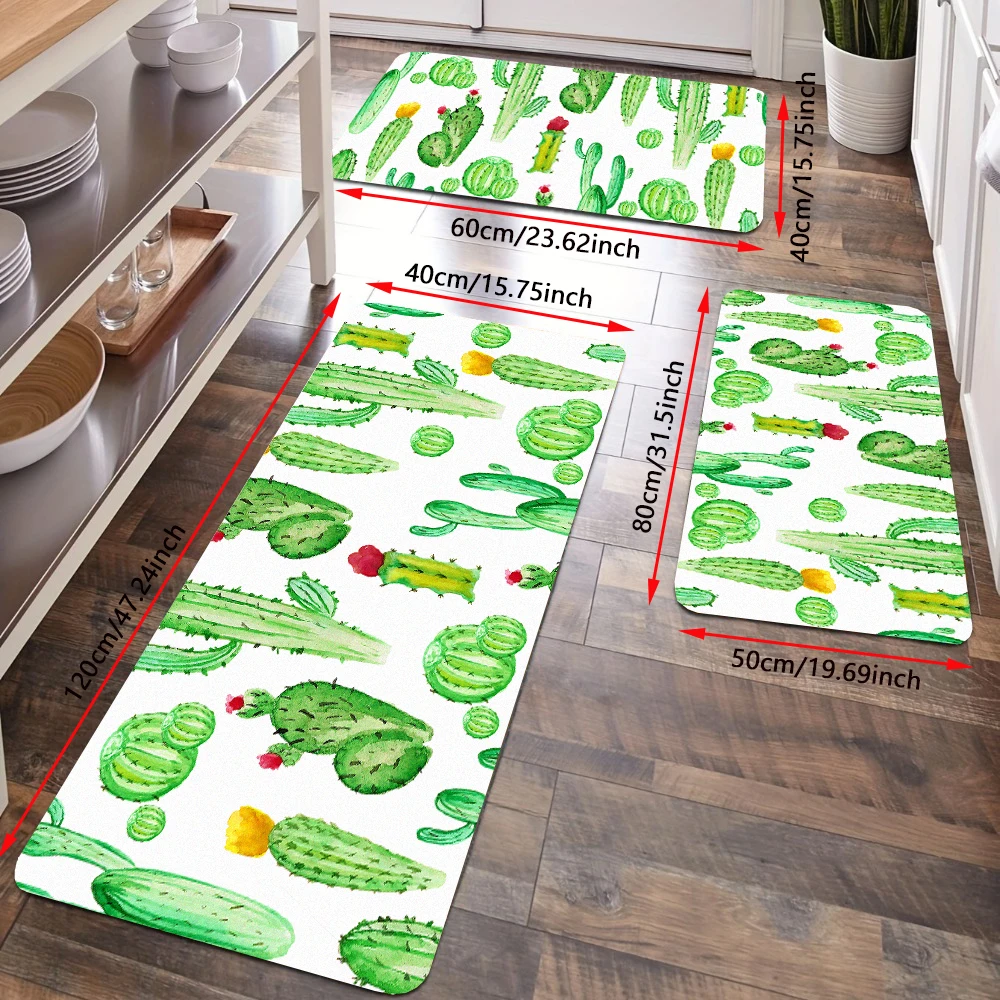 3Pc Tropical Cactus Succulent Kitchen Floor Rug Set Cactus Desert Flower Green Plant Watercolor Doormat Bath Mat Bathroom Carpet