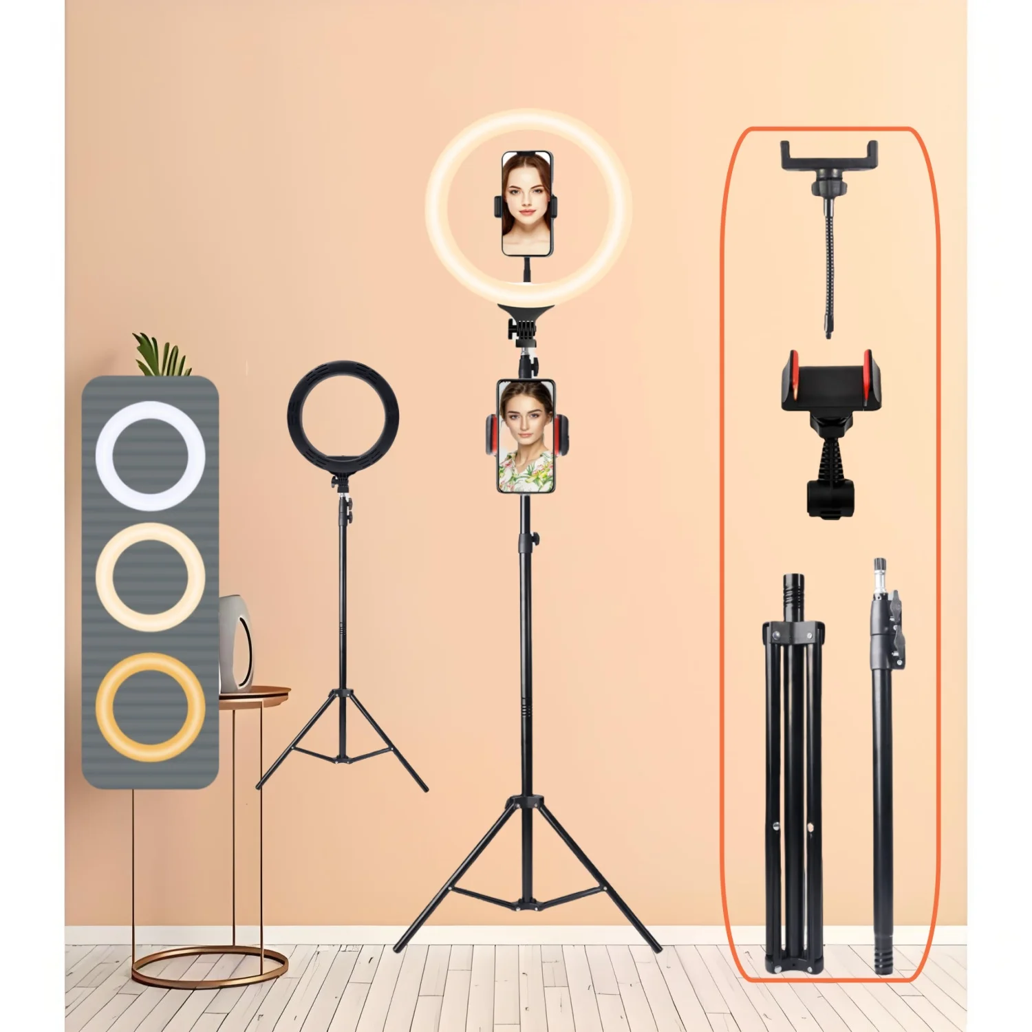 

10-дюймовый 3-цветный кольцевой светильник с регулируемой яркостью, ручкой и выдвижным штативом, 2 зажима для телефона, проводное управление, стабильная 2-секционная подставка, 160 см