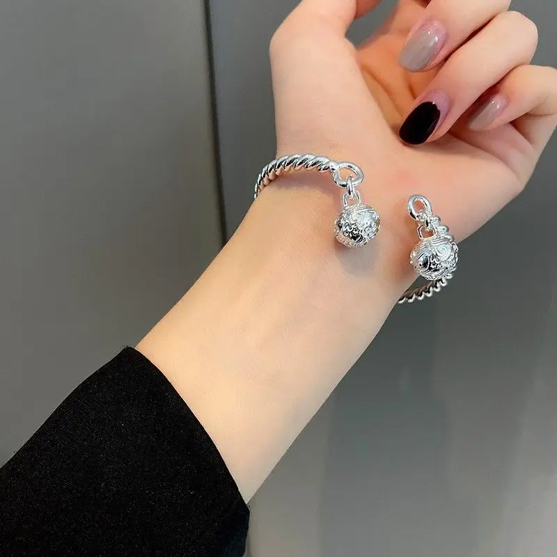 Twisted Wire Palace Ling Plated 925 Silver Bracelet for Men and Women, One Step, One Ring Bell Bracelet, Couple Accessories