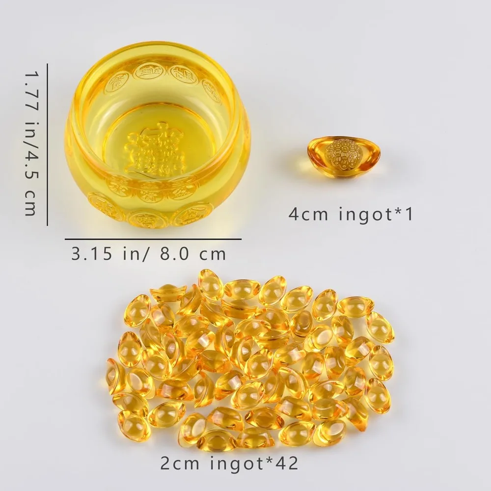 3.15" glass wealth bowl with 1 large & 42 small ingots, golden treasure basin feng shui money bowl for home office