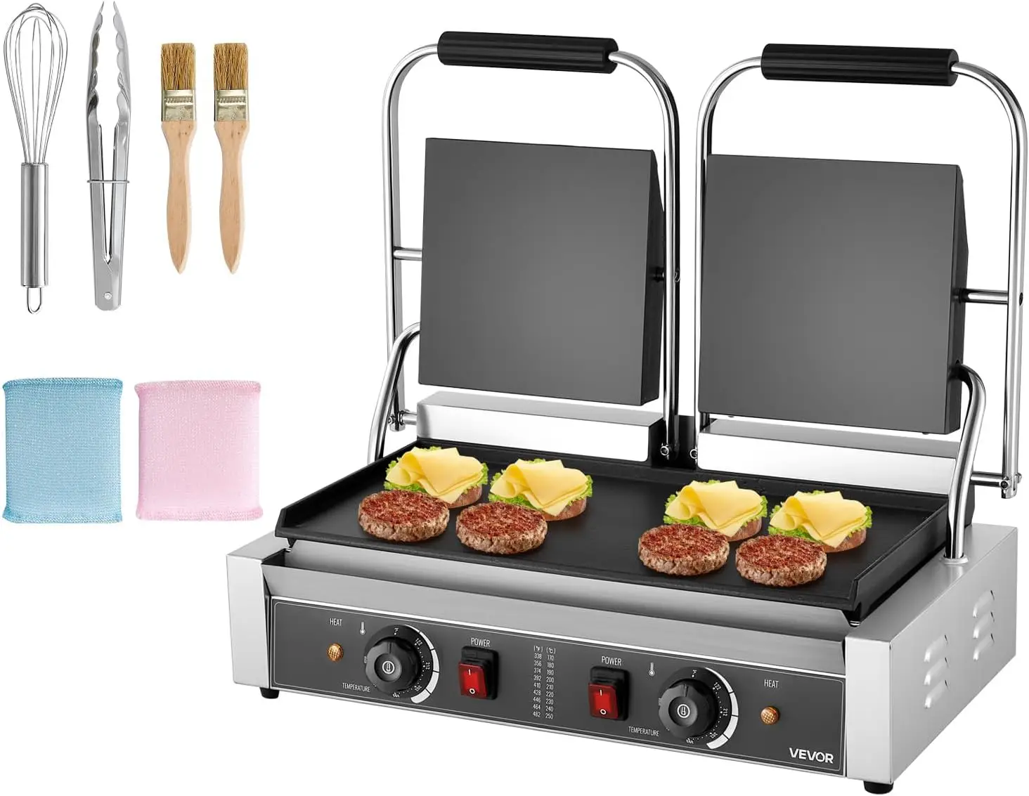 Commercial Panini Grill, 3600W Electric Sandwich Panini Maker, Stainless Steel Double Sandwichs Press with Handle and Temp Contr