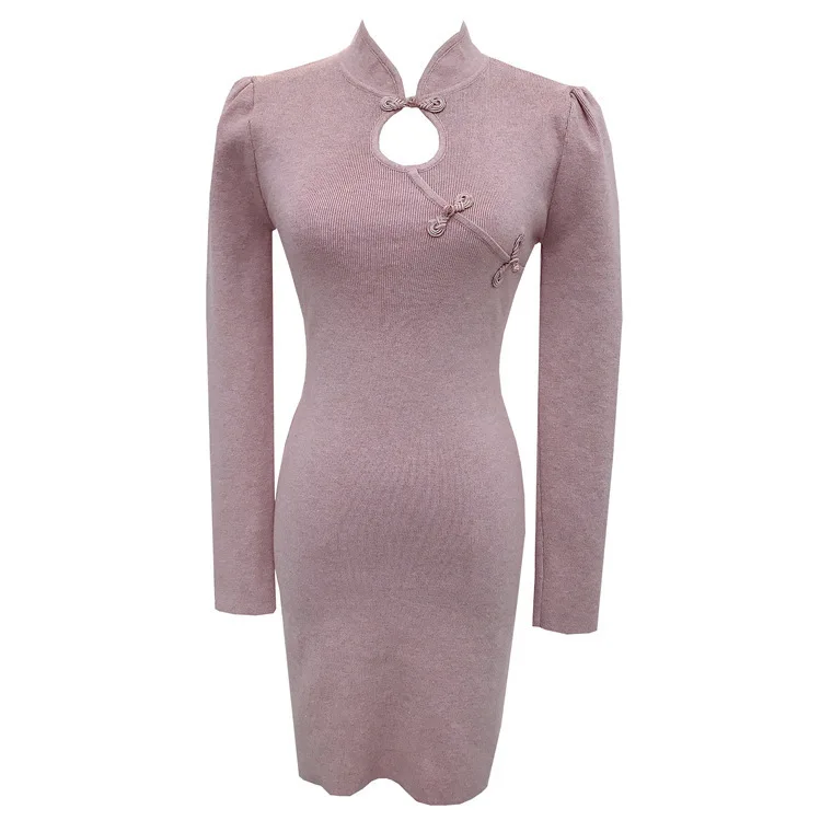 7159 Wiosenna Sukienka w Stylu Zen z Kołnierzykiem Cheongsam, Pluszowymi Guzikami, Ażurowym Wzorem, Krótka Sukienka z Wysokim Stanem dla Kobiet