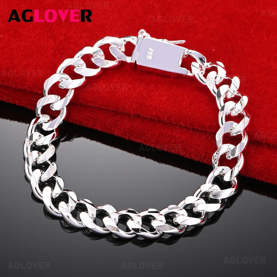 

AGLOVER 925 Sterling Silver 10mm Buckle Cuba Bracelet Women Fashion Charm Party Wedding Jewelry