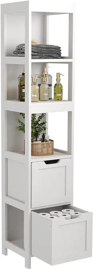 Bathroom Storage Cabinet, Slim Tall Cabinet, Narrow Floor Cabinet Organizer, Wooden Linen Tower with 2 Drawers and 3 Sh