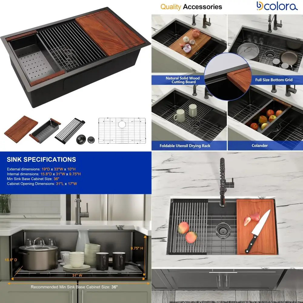 

Stainless Steel Undermount Kitchen Sink with NANO-PVD Finish, 16 Gauge, Black, Workstation Design, Rounded Corners