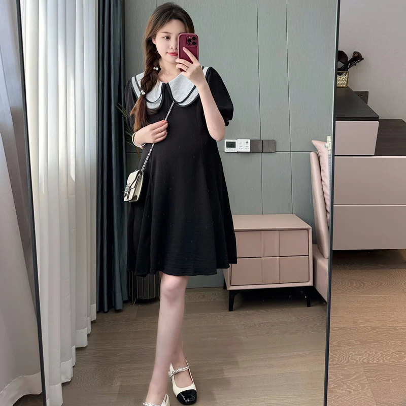 

Short Maternity Summer Black Dress Short Sleeve Ruffled Peter Pan Collar Loose Pregnant Woman A-line Dress Pregnancy Mini Dress