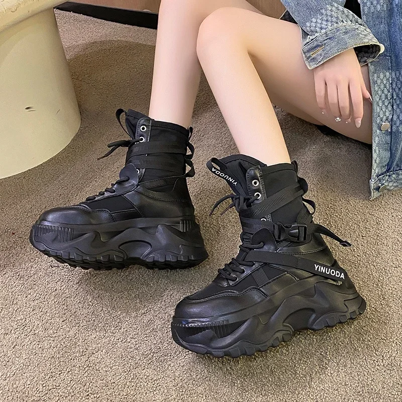 

Designer Fashion Women Chunky Platform Motorcycle BootsWhite Lace Up Thick Bottom Shoes Woman AutumnWinter Ankle Botas De Mujer