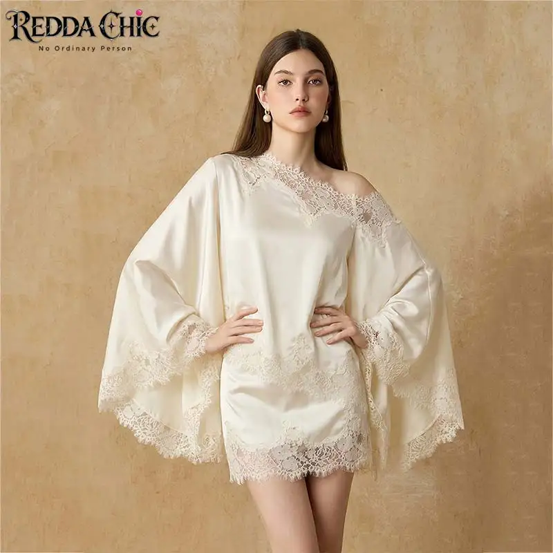 REDDACHiC Slant Shoulder Top Skirt Women Matching Set Elegant Satin Loose Lace Trim Long Sleeve Top Mini Bodycon Lounge Clothes