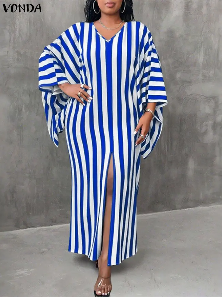 

Plus Size Dresses 2025 Autumn Stripe Robe Women Vintage V-Neck Bat-wing Sleeve Split Party Sundress VONDA Casual Loose Vestidos