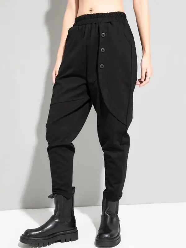 

Dark Style Casual Pants for Women Autumn New Style Slim Fit Harem Pants with Decorative Buttons Asymmetrical Design Natural W...
