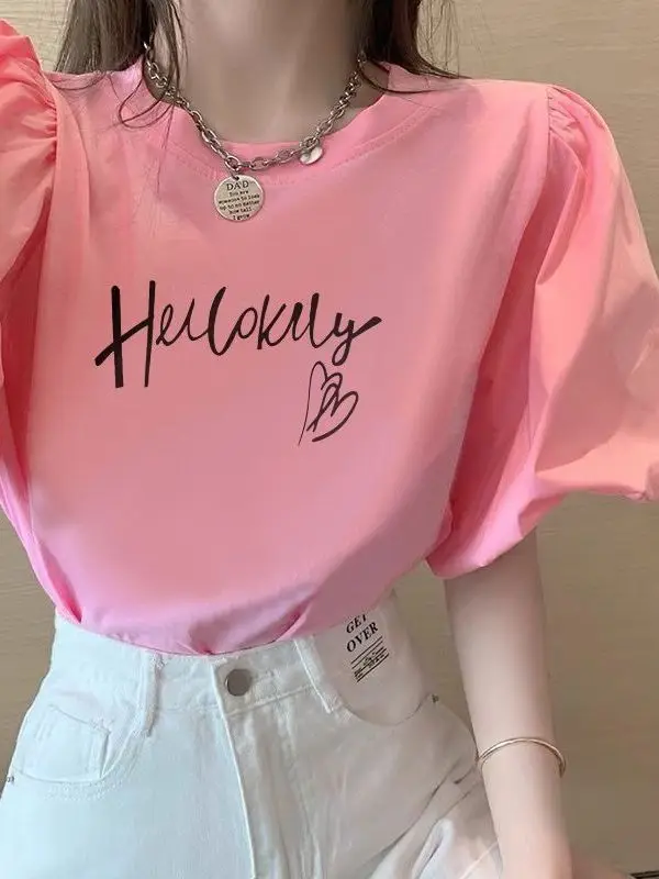 Camiseta Casual Feminina Rosa Dopamina com Manga Bufante, Estampa de Letras, Manga Lanterna, Design de Verão, Top Antienvelhe...