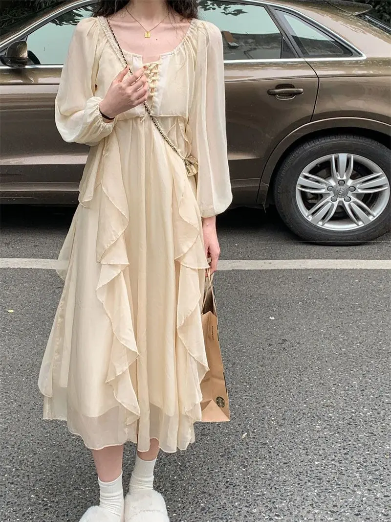 2 pçs sexy cinta de espaguete chiffon estilo fada irregular em camadas vestido para as mulheres verão coreano fino ajuste temperamento vestido elegante