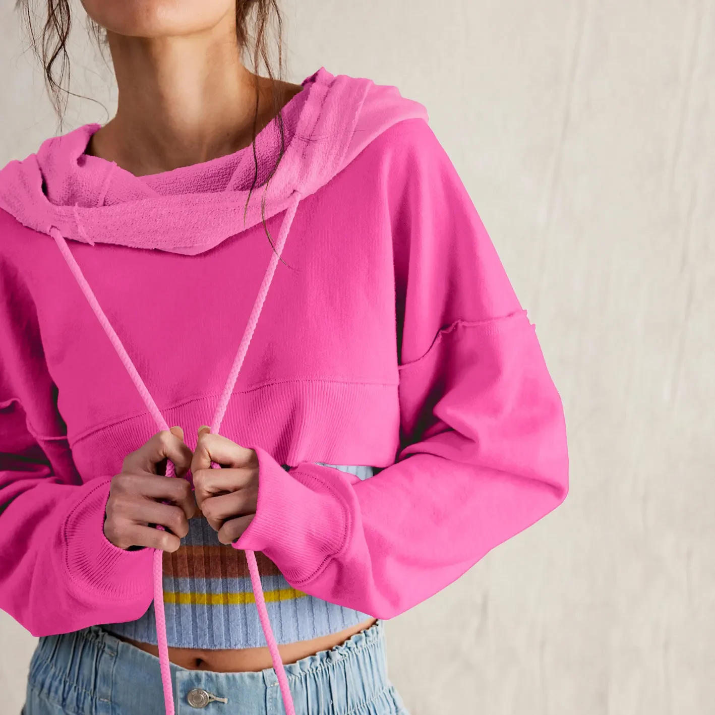 Women'S Hoodie Pile Collar Fashion Short Hoodie Decorative Line Street Hottie Long Sleeve Top casual Short streetwear tracksuits
