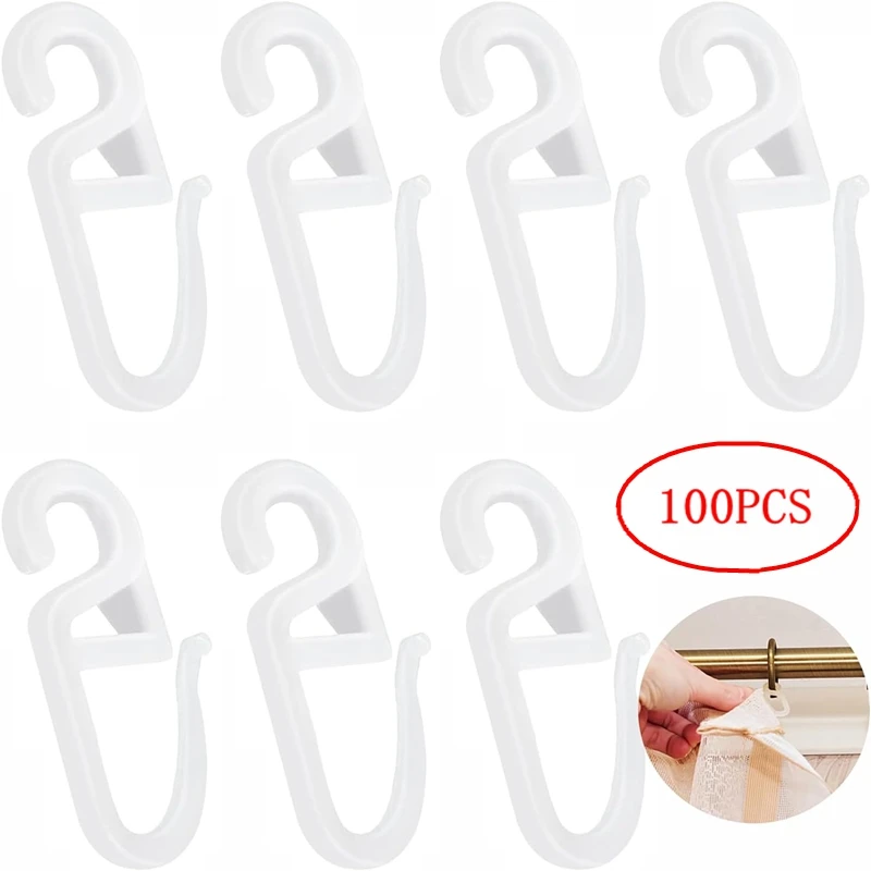 Pack of 100 Plastic Curtain Hooks, Curtain Rollers, Easy Installation for Accessories, DIY, Easy  Installation, White
