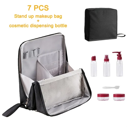 Imagen 2 del producto Juego de bolsas de maquillaje de pie de 7 piezas, organizador de cosméticos y artículos de tocador de gran capacidad con botellas, portátil para viajes. Negro Blanco Púrpura