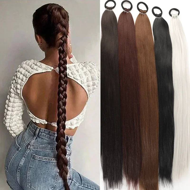 

Synthetic 28 Inch Long Ponytail Extensions With Elastic Band Versatile DIY Braided Ponytail For Women Girls Black Brown