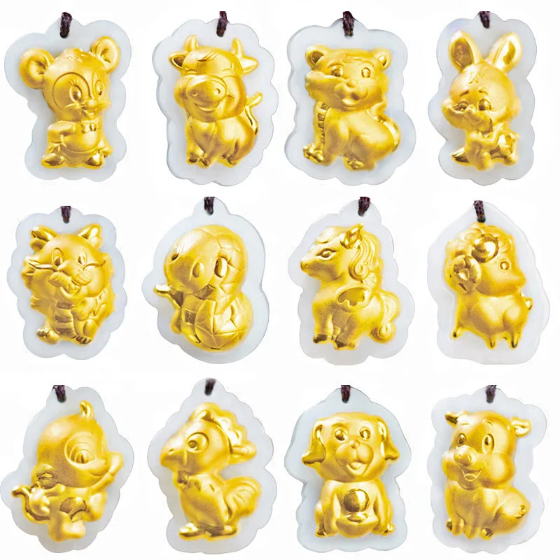 1pcs Real Hetian Jade Pendant For Women 3D Hard Gold Foil Twelve of Zodiac Cartoon Animal Pendants  Gift