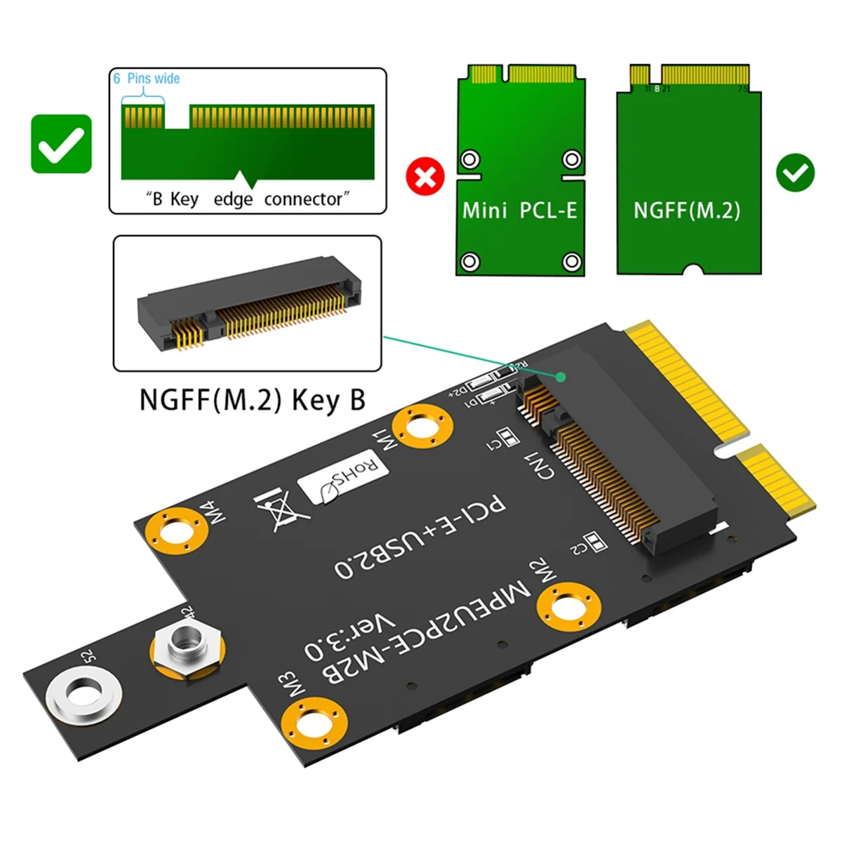 A93P Mini M.2 Key B to PCI-E Adapter with Dual NANO SIM Card Slot for 3G/4G/5G Module