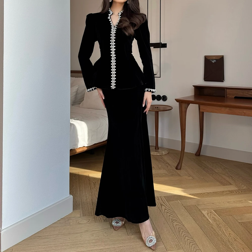 

Вечерние платья трапециевидной формы по индивидуальному заказу, длиной до щиколотки, с v-образным вырезом и длинными рукавами, платье для выпускного вечера, модное простое драпированное вечернее платье с бисером и кристаллами