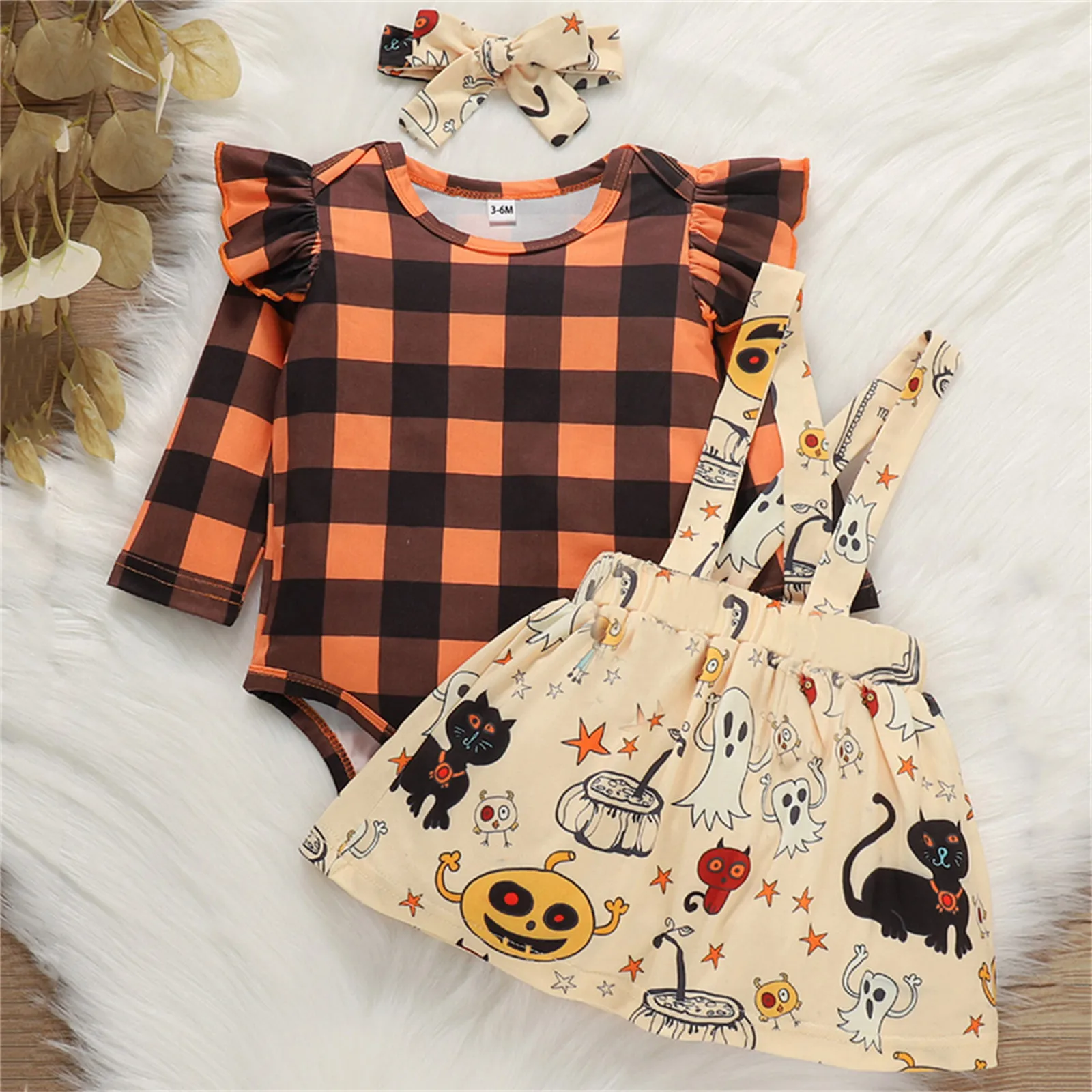 PatPat 3pcs Halloween Costumes Style Plaid Print Ruffle Decor Long-sleeve Orange Baby Halloween Clothes Set