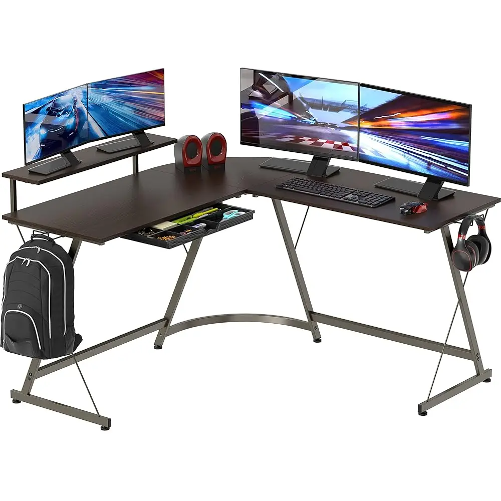 

51 X 51 Hes Vista L-Shaped Desk With Monitor Stand And Drawer, Espresso