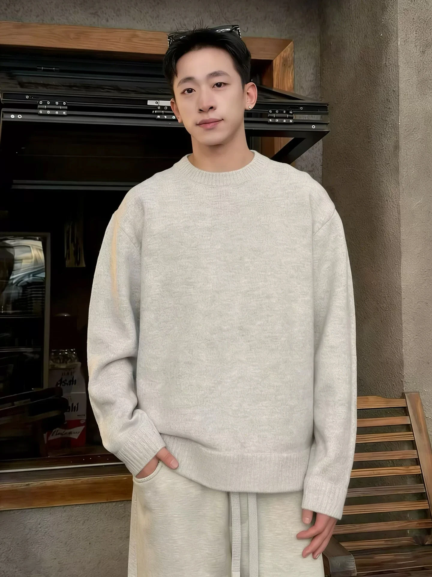 

Men's American Retro ey round Ne Fce Lined Knitwear Winter Base Layer irt Loose Fit Comfortable Home Outdoor Casual