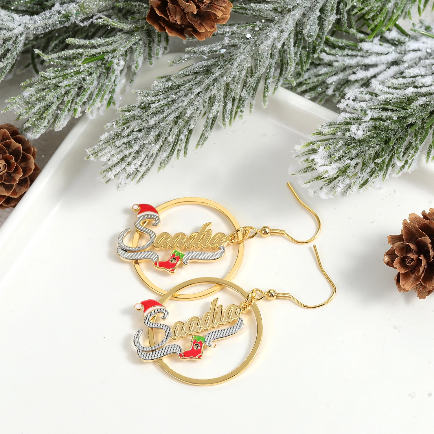 

Dascusto Stocking Santa Hat Personalized Jewelry for Women Festive Gift Custom Name Earrings Gold Plated Hoop with Christmas