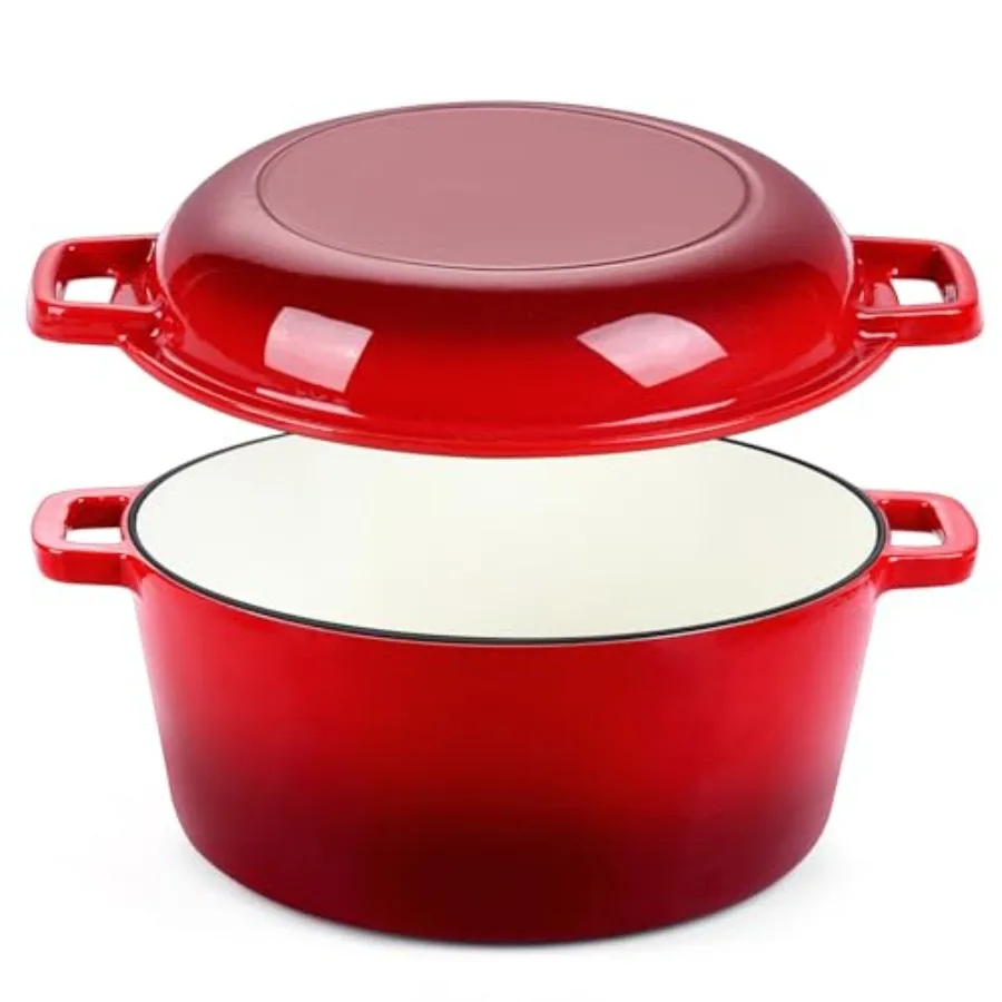 

5Qt Dutch Oven Pot for Bread Baking , 2 In 1 Round Cast Iron Dutch Oven with Lid Set, Skillet and Pot for Roasting Braising Ste