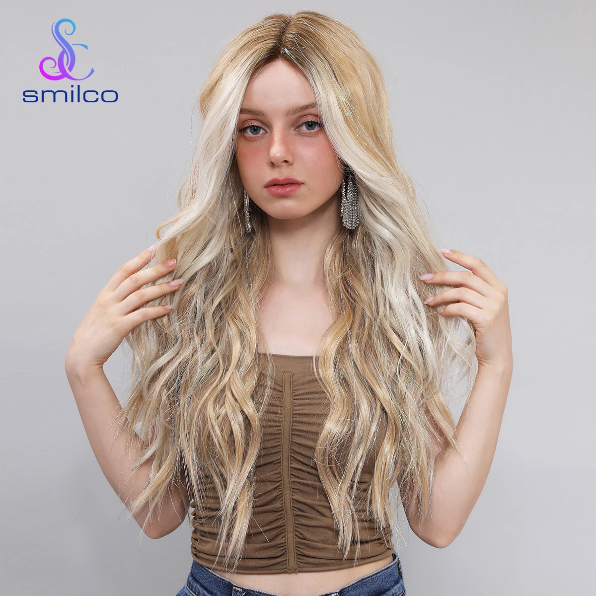 Smilco-peruca de onda longa para mulheres, laço sintético dourado frente, cosplay diário perucas, 28 in