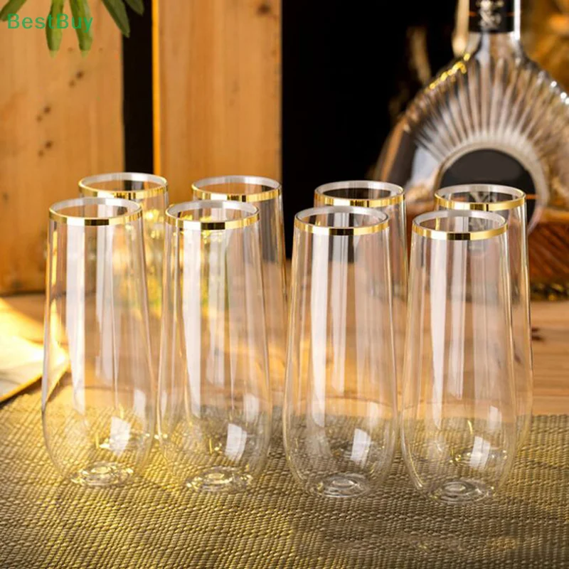 5PCS Gold Rimmed Champagne Cup Wine Glass Disposable Durable Party Wedding Festival Bar Wine Cup Bar Cocktail Drink Juice Cup