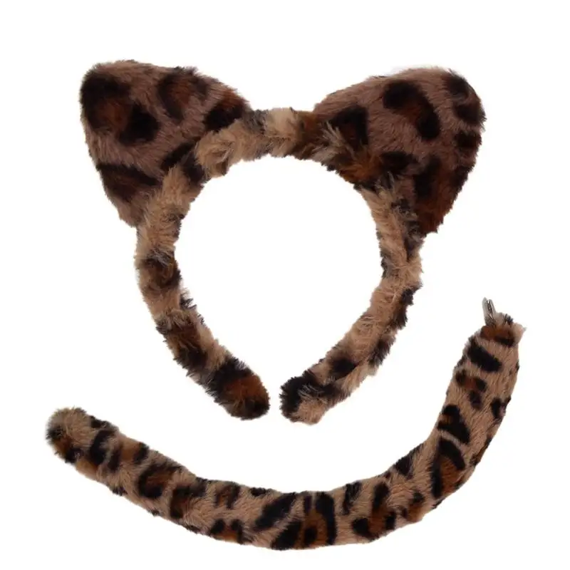 

652F Furry Cats Ears Headband And Plush Tail Set For Role Play Costume Accessories