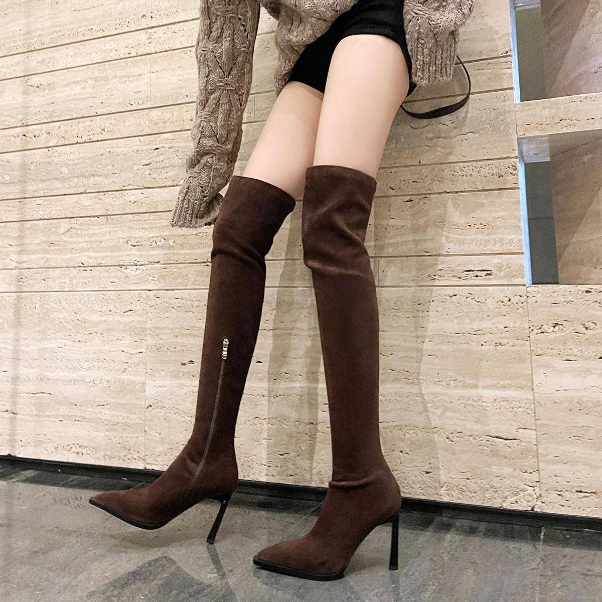 QUTAA 2024 Women Over The Knee Boots Autumn Winter Pointed Toe Zipper Slim Tight Long Boots Party Shoes Woman Size 34-39