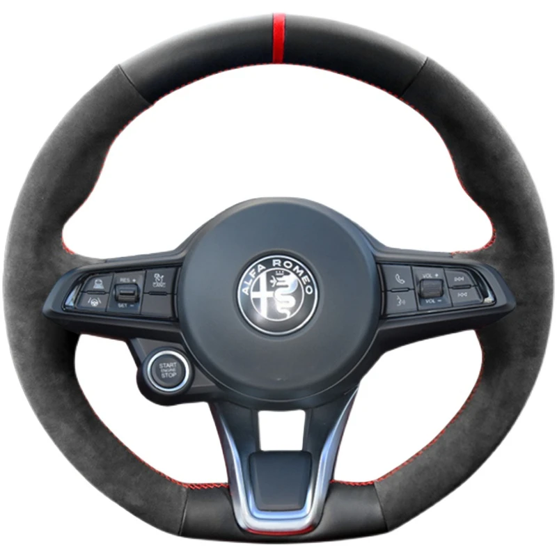 

Hand-stitched non-slip Black Genuine Leather suede car steering wheel cover 100% Fit For Alfa Romeo Giulia Stelvio 2020-2023