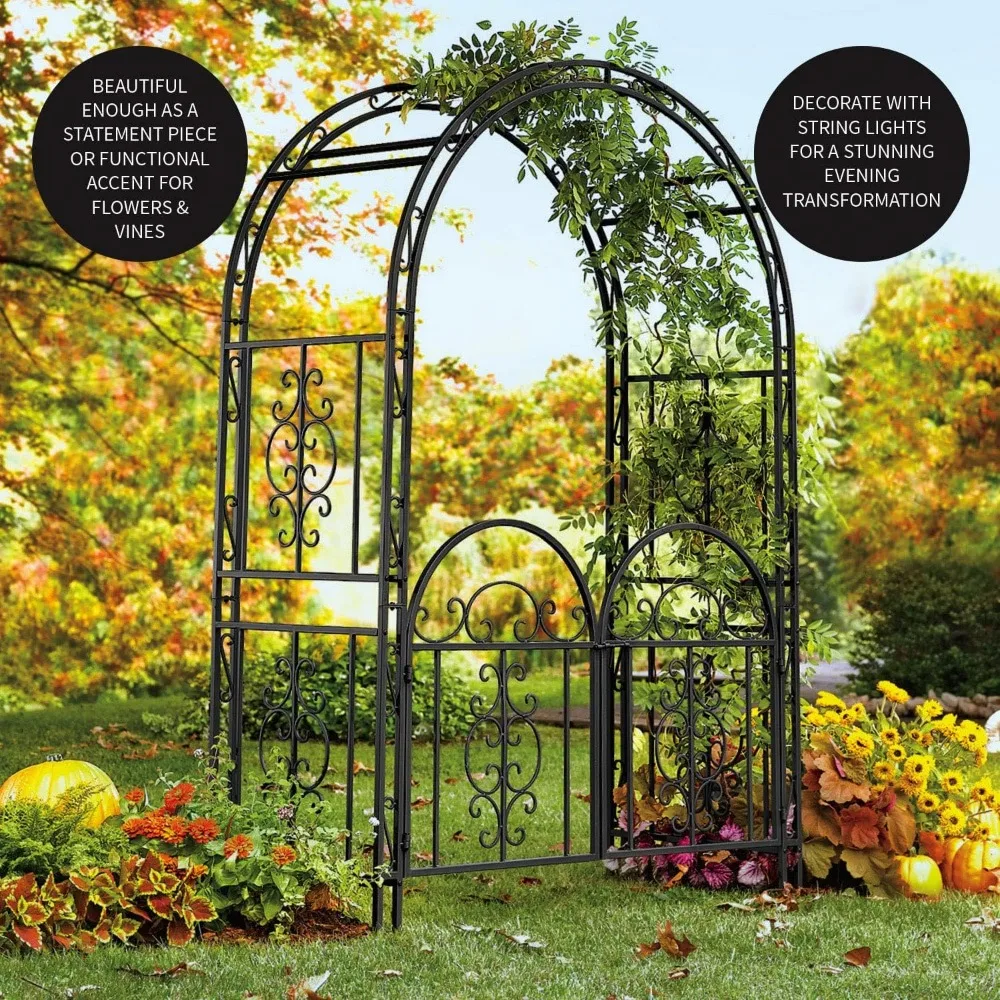 Arch Metal Outdoor Garden Arbor Double Gate |Gunmetal Black | Trellis Lattice Climbing Plants，plant Stand